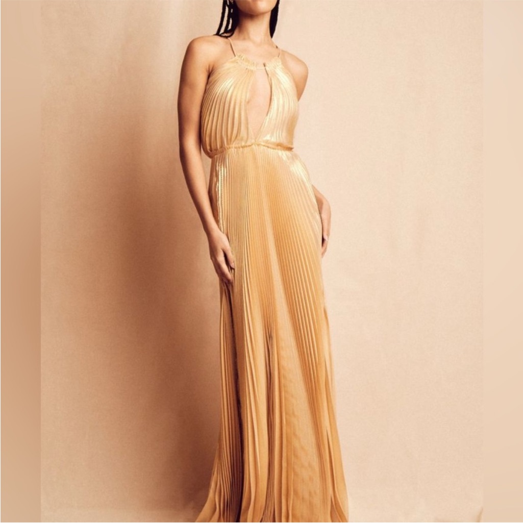 Nwt Loveshackfancy Silk Lurex Pleated Bryce Dress In Golden Hour